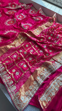Pure Gajji Silk Lakdi Patta Bandhani Saree with Zardozi & Gotapatti Handwork