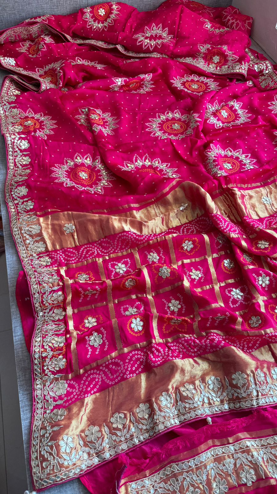 Pure Gajji Silk Lakdi Patta Bandhani Saree with Zardozi & Gotapatti Handwork