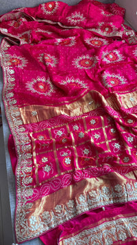 Pure Gajji Silk Lakdi Patta Bandhani Saree with Zardozi & Gotapatti Handwork