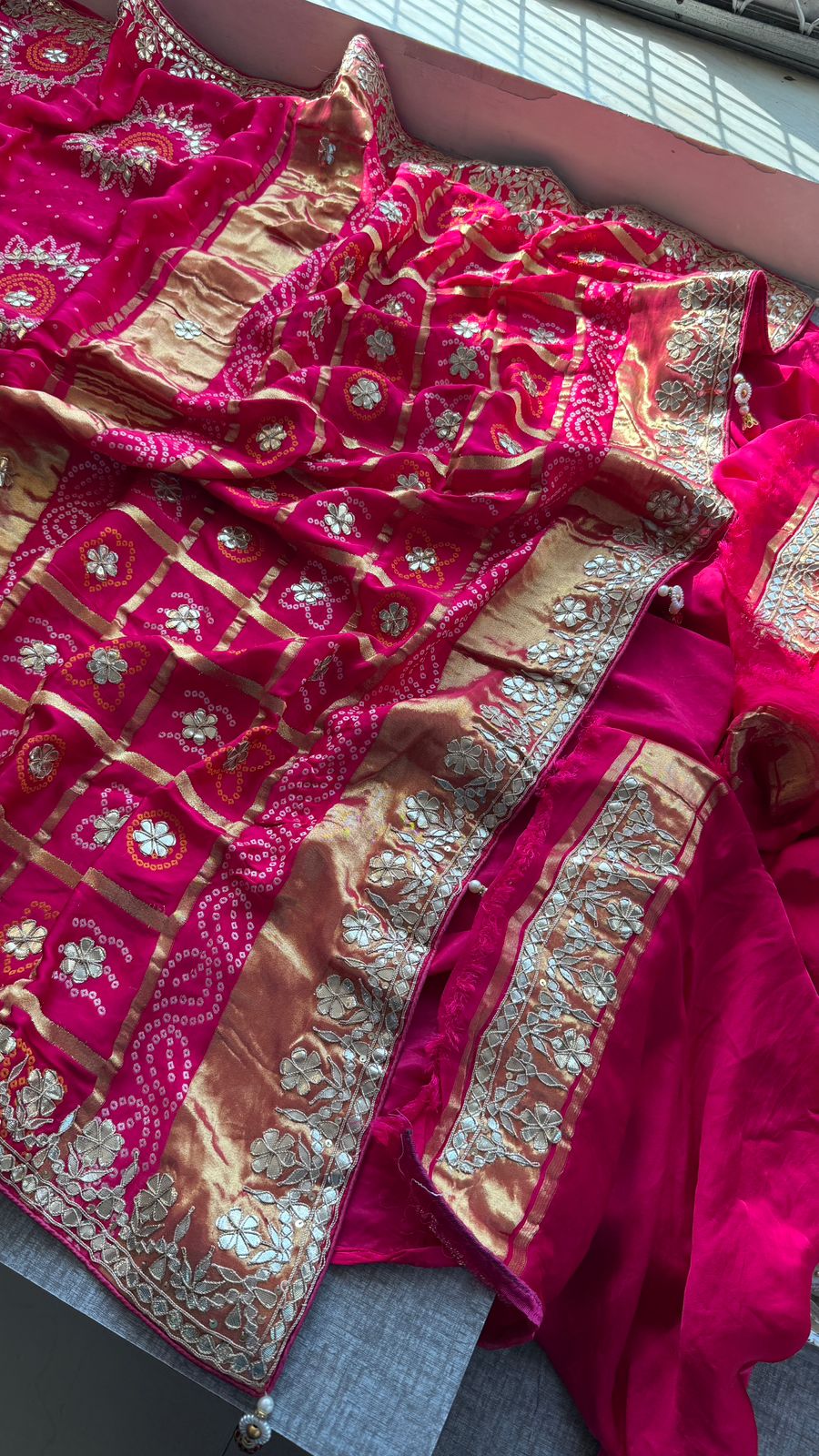 Pure Gajji Silk Lakdi Patta Bandhani Saree with Zardozi & Gotapatti Handwork