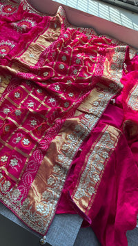 Pure Gajji Silk Lakdi Patta Bandhani Saree with Zardozi & Gotapatti Handwork