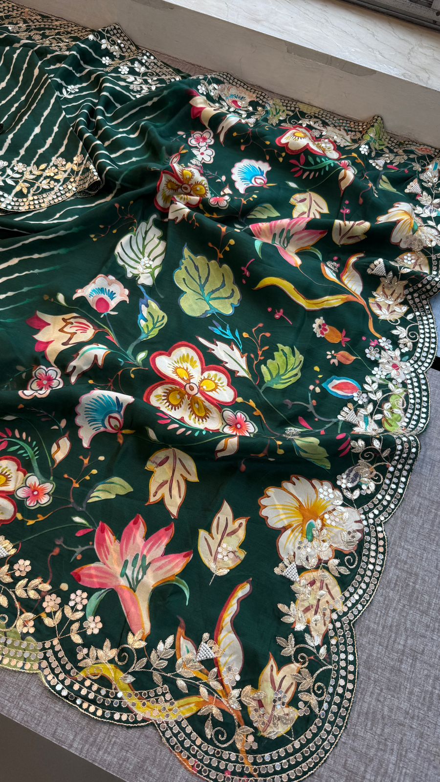 Pure Munga Silk Hand-Painted Leheriya Saree with Floral Print & Heavy Gotapatti Border