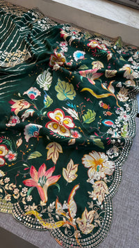 Pure Munga Silk Hand-Painted Leheriya Saree with Floral Print & Heavy Gotapatti Border