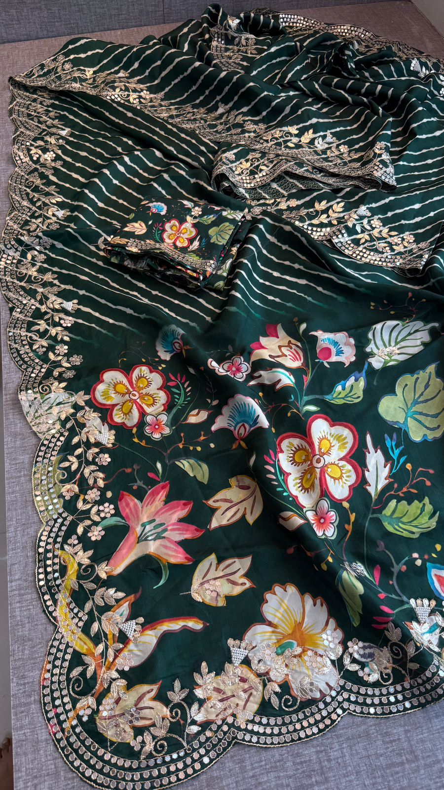 Pure Munga Silk Hand-Painted Leheriya Saree with Floral Print & Heavy Gotapatti Border