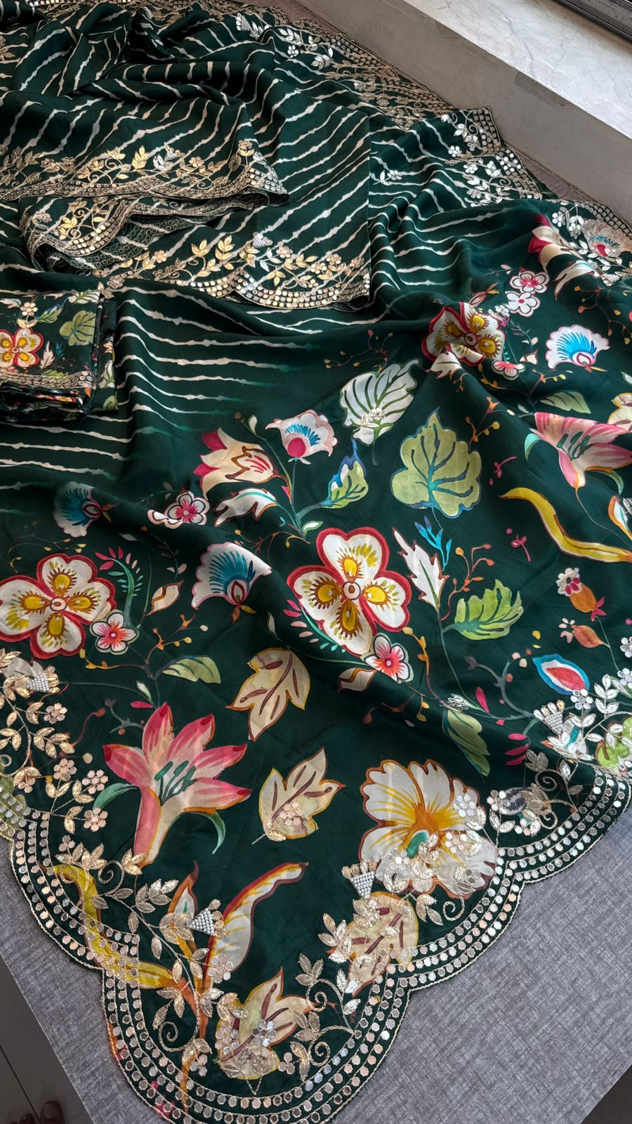 Pure Munga Silk Hand-Painted Leheriya Saree with Floral Print & Heavy Gotapatti Border