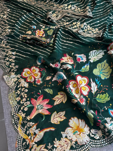 Pure Munga Silk Hand-Painted Leheriya Saree with Floral Print & Heavy Gotapatti Border