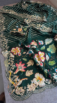 Pure Munga Silk Hand-Painted Leheriya Saree with Floral Print & Heavy Gotapatti Border