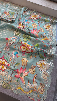 Pure Munga Silk Hand-Painted Leheriya Saree with Floral Print & Heavy Gotapatti Border