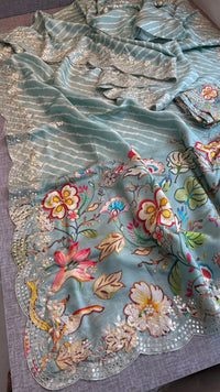 Pure Munga Silk Hand-Painted Leheriya Saree with Floral Print & Heavy Gotapatti Border