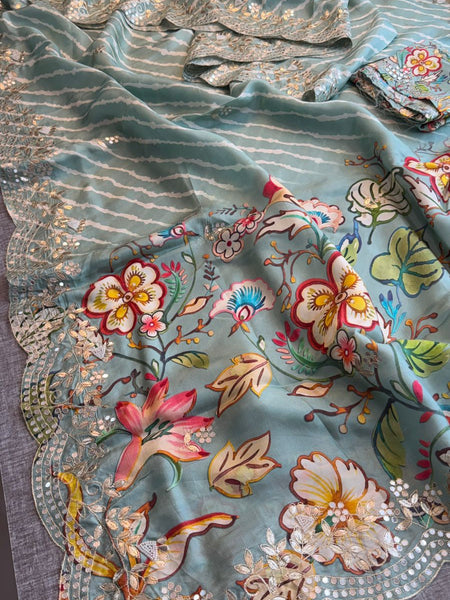 Pure Munga Silk Hand-Painted Leheriya Saree with Floral Print & Heavy Gotapatti Border