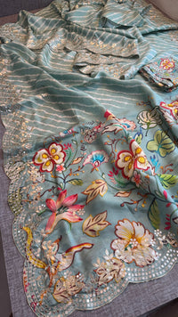 Pure Munga Silk Hand-Painted Leheriya Saree with Floral Print & Heavy Gotapatti Border