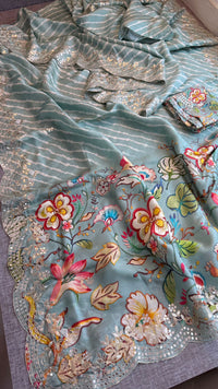 Pure Munga Silk Hand-Painted Leheriya Saree with Floral Print & Heavy Gotapatti Border