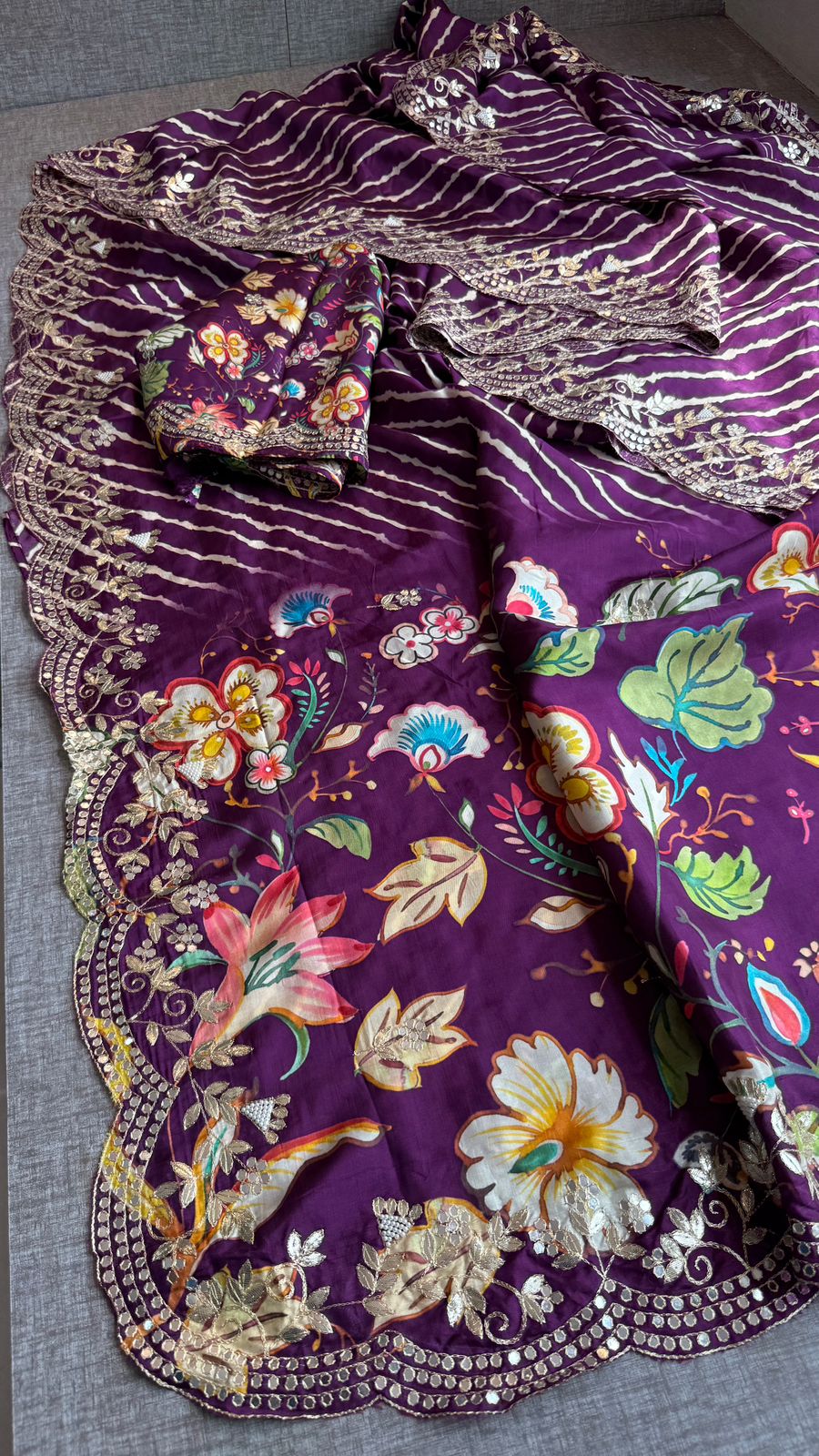 Pure Munga Silk Hand-Painted Leheriya Saree with Floral Print & Heavy Gotapatti Border