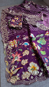 Pure Munga Silk Hand-Painted Leheriya Saree with Floral Print & Heavy Gotapatti Border