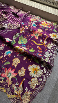 Pure Munga Silk Hand-Painted Leheriya Saree with Floral Print & Heavy Gotapatti Border