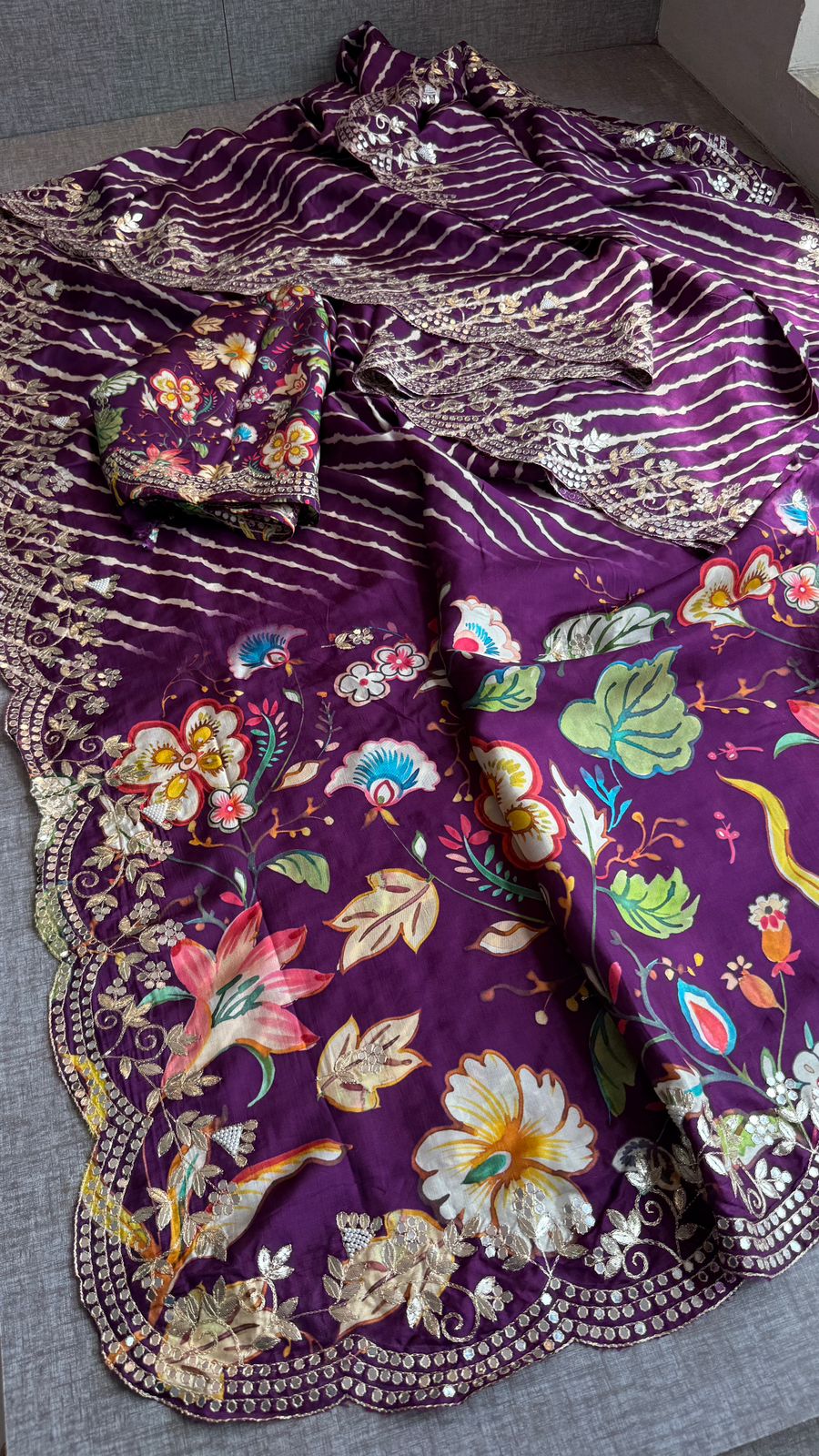 Pure Munga Silk Hand-Painted Leheriya Saree with Floral Print & Heavy Gotapatti Border