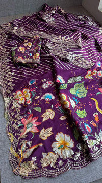 Pure Munga Silk Hand-Painted Leheriya Saree with Floral Print & Heavy Gotapatti Border