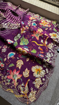 Pure Munga Silk Hand-Painted Leheriya Saree with Floral Print & Heavy Gotapatti Border