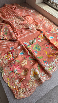 Pure Munga Silk Hand-Painted Leheriya Saree with Floral Print & Heavy Gotapatti Border