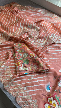 Pure Munga Silk Hand-Painted Leheriya Saree with Floral Print & Heavy Gotapatti Border