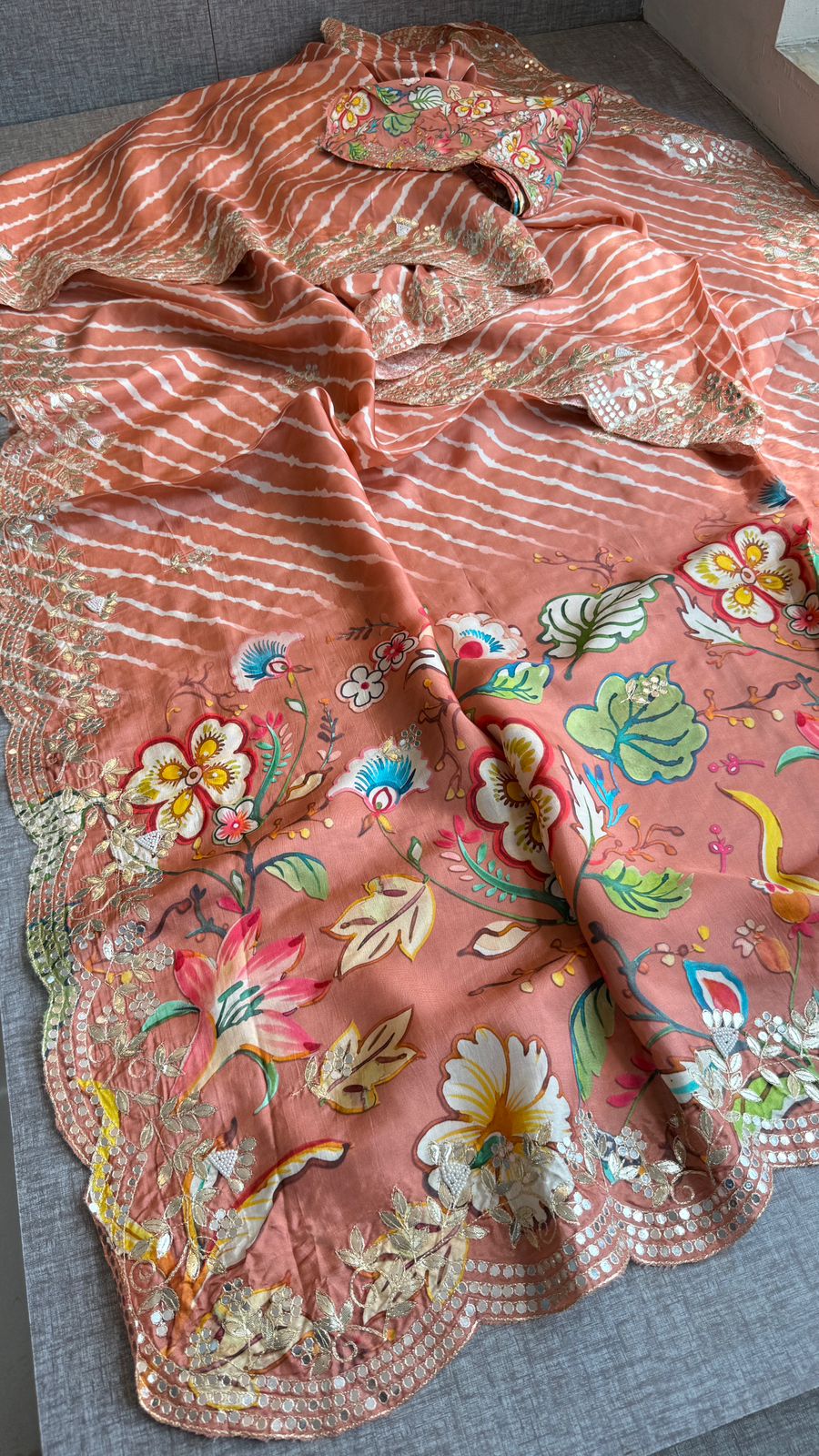 Pure Munga Silk Hand-Painted Leheriya Saree with Floral Print & Heavy Gotapatti Border