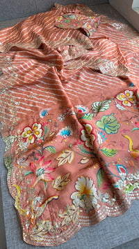 Pure Munga Silk Hand-Painted Leheriya Saree with Floral Print & Heavy Gotapatti Border