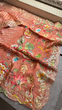 Pure Munga Silk Hand-Painted Leheriya Saree with Floral Print & Heavy Gotapatti Border