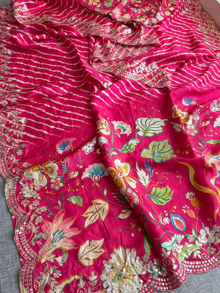 Pure Munga Silk Hand-Painted Leheriya Saree with Floral Print & Heavy Gotapatti Border
