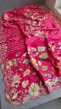 Pure Munga Silk Hand-Painted Leheriya Saree with Floral Print & Heavy Gotapatti Border