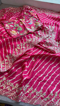 Pure Munga Silk Hand-Painted Leheriya Saree with Floral Print & Heavy Gotapatti Border
