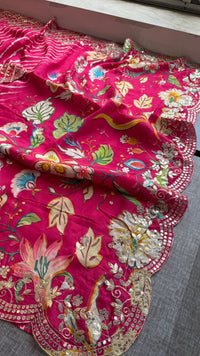 Pure Munga Silk Hand-Painted Leheriya Saree with Floral Print & Heavy Gotapatti Border