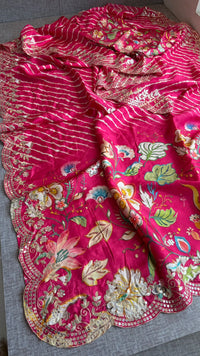 Pure Munga Silk Hand-Painted Leheriya Saree with Floral Print & Heavy Gotapatti Border