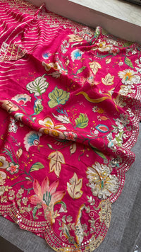 Pure Munga Silk Hand-Painted Leheriya Saree with Floral Print & Heavy Gotapatti Border