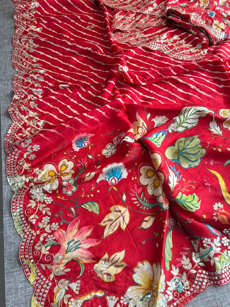 Pure Munga Silk Hand-Painted Leheriya Saree with Floral Print & Heavy Gotapatti Border