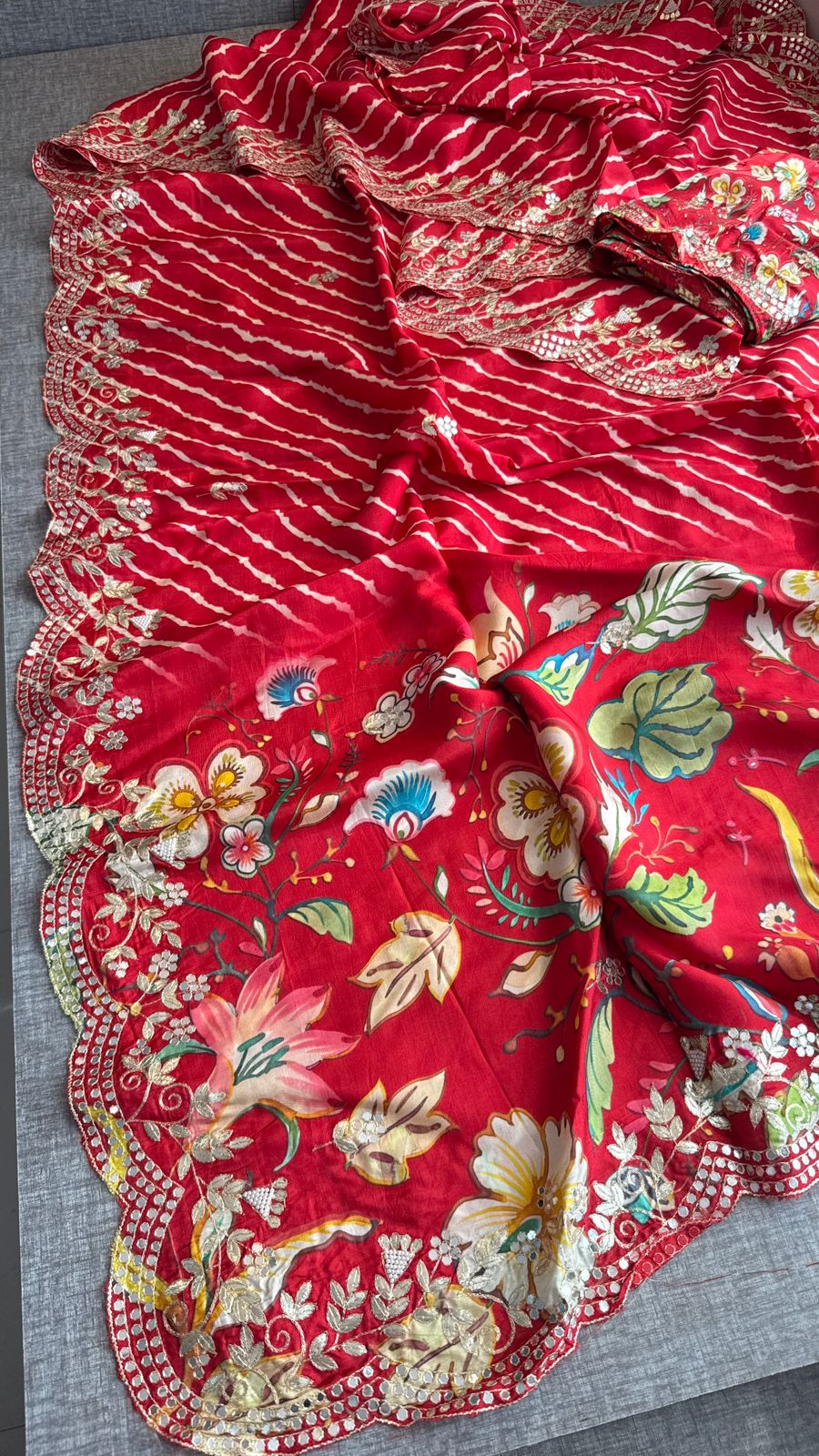 Pure Munga Silk Hand-Painted Leheriya Saree with Floral Print & Heavy Gotapatti Border