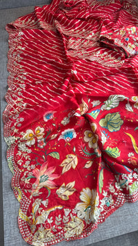 Pure Munga Silk Hand-Painted Leheriya Saree with Floral Print & Heavy Gotapatti Border