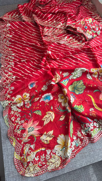 Pure Munga Silk Hand-Painted Leheriya Saree with Floral Print & Heavy Gotapatti Border