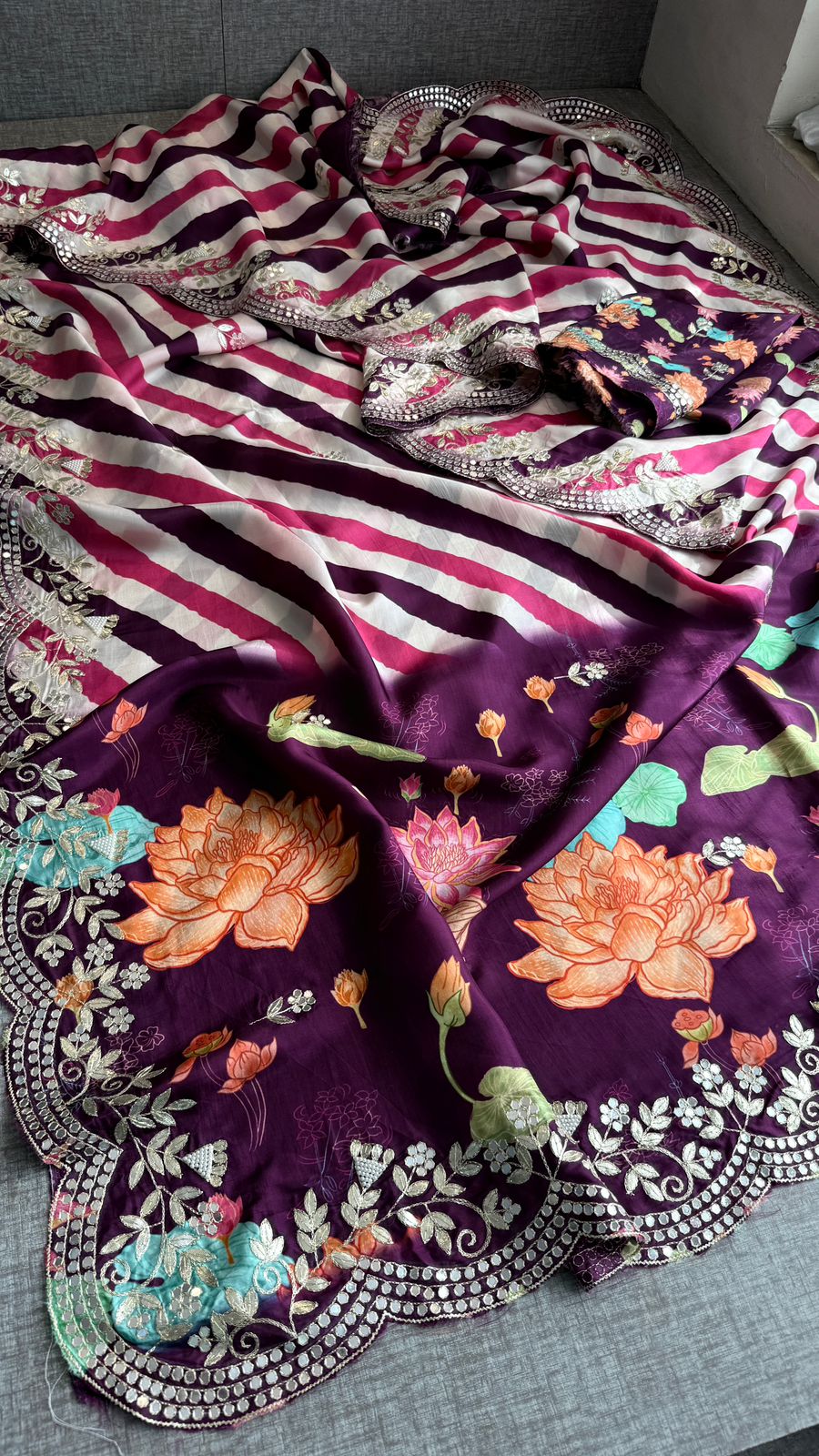 Pure Munga Silk Hand-Painted Leheriya Saree with Floral Print & Heavy Gotapatti Border