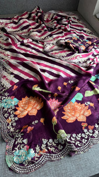 Pure Munga Silk Hand-Painted Leheriya Saree with Floral Print & Heavy Gotapatti Border