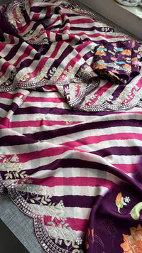 Pure Munga Silk Hand-Painted Leheriya Saree with Floral Print & Heavy Gotapatti Border