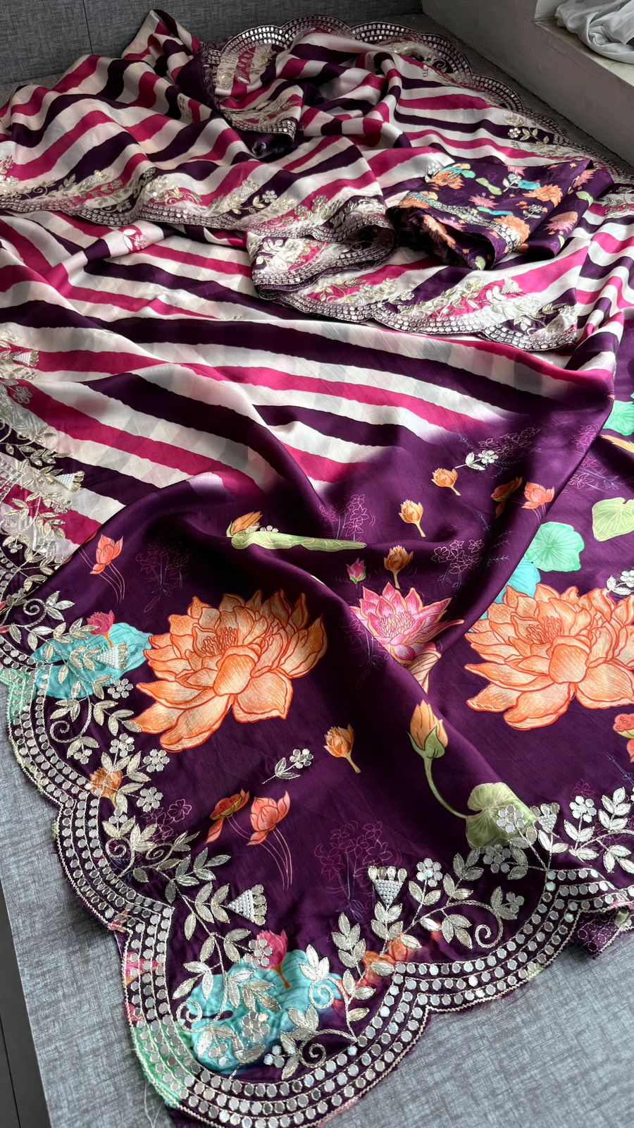 Pure Munga Silk Hand-Painted Leheriya Saree with Floral Print & Heavy Gotapatti Border