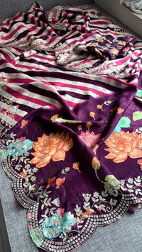 Pure Munga Silk Hand-Painted Leheriya Saree with Floral Print & Heavy Gotapatti Border