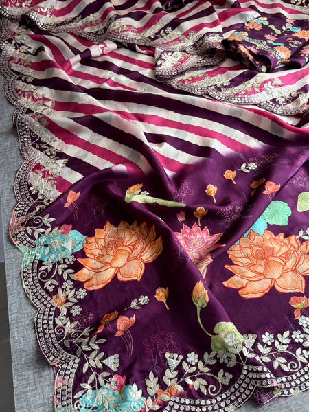 Pure Munga Silk Hand-Painted Leheriya Saree with Floral Print & Heavy Gotapatti Border