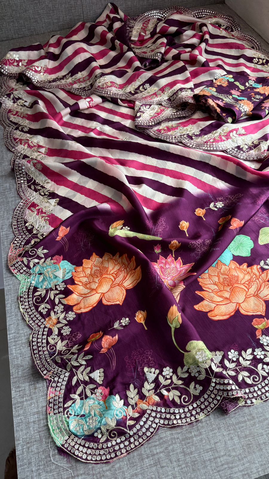 Pure Munga Silk Hand-Painted Leheriya Saree with Floral Print & Heavy Gotapatti Border