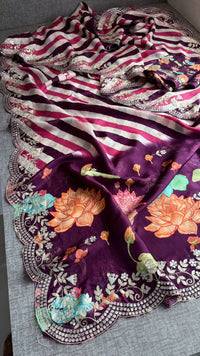 Pure Munga Silk Hand-Painted Leheriya Saree with Floral Print & Heavy Gotapatti Border