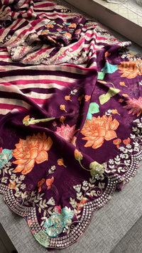 Pure Munga Silk Hand-Painted Leheriya Saree with Floral Print & Heavy Gotapatti Border
