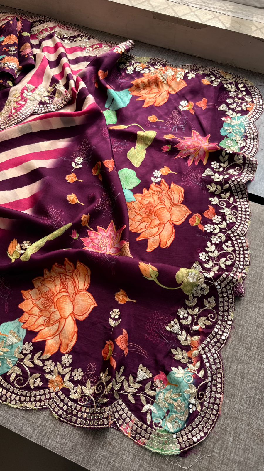 Pure Munga Silk Hand-Painted Leheriya Saree with Floral Print & Heavy Gotapatti Border