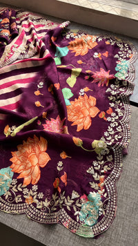 Pure Munga Silk Hand-Painted Leheriya Saree with Floral Print & Heavy Gotapatti Border