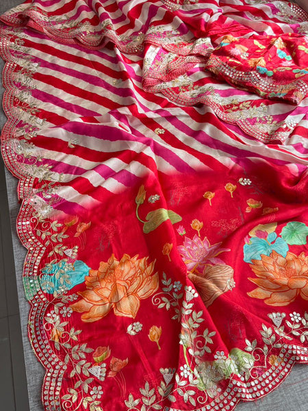 Pure Munga Silk Hand-Painted Leheriya Saree with Floral Print & Heavy Gotapatti Border