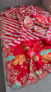 Pure Munga Silk Hand-Painted Leheriya Saree with Floral Print & Heavy Gotapatti Border